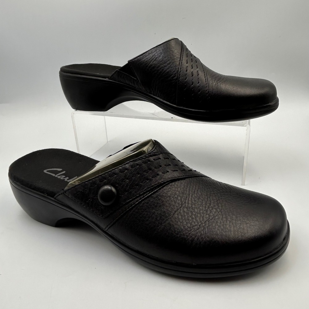 Clarks Nan Mules Womens 8 Black Leather Button Stitch Clog Comfort Professional